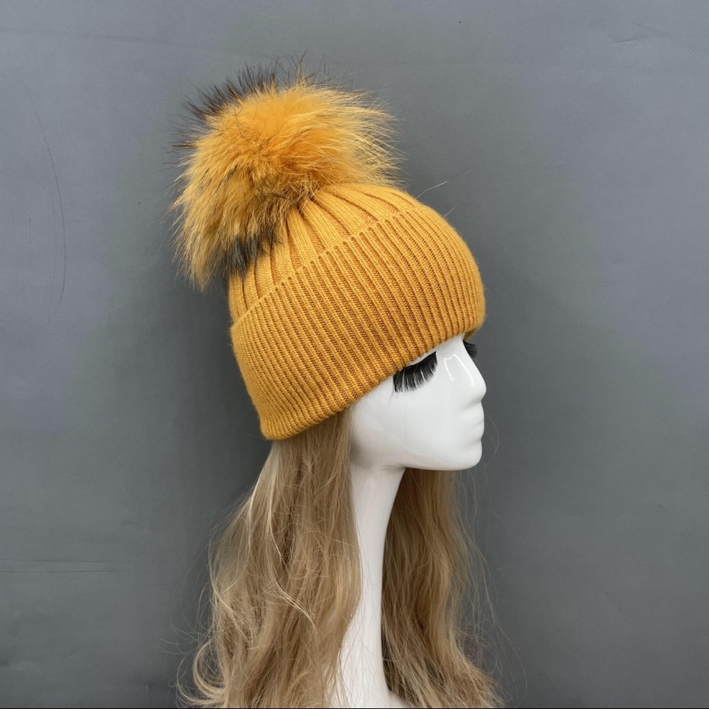 Angora wool beanie with real fur pom pom